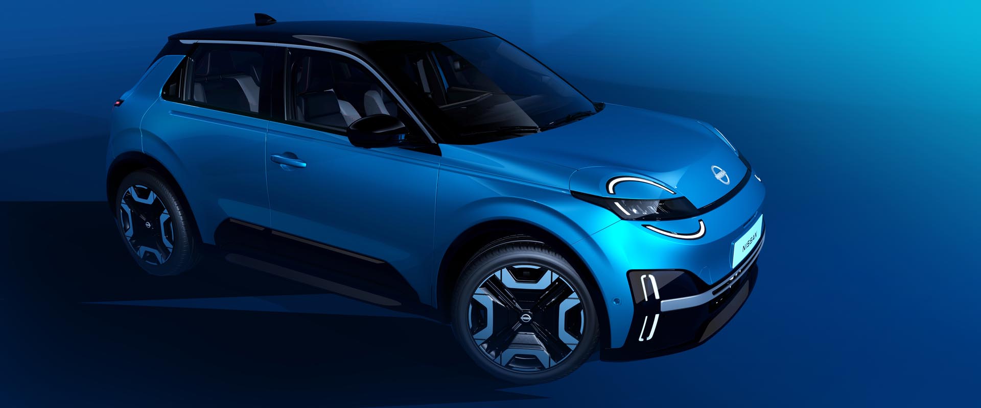 All New Nissan Micra design NDE image -  side high view revealing a signature headlamp wheels and ice cream scoop